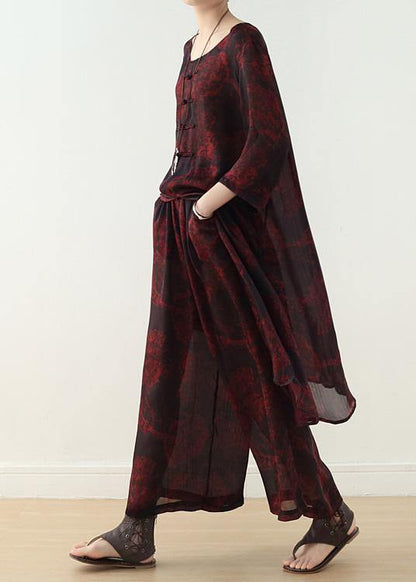 Red Prints Two Pieces Bracelet Sleeved Dress and Wide Leg Pants