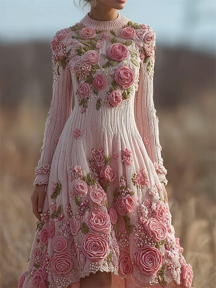 Comstylish Classy Pink Roses Beaded Cozy Knit Sweater Dress