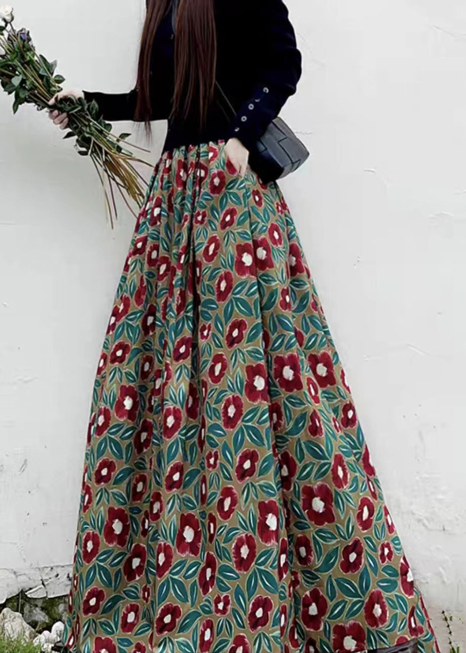 Red Print High Waist Pockets Patchwork Cotton Maxi Skirts Fall