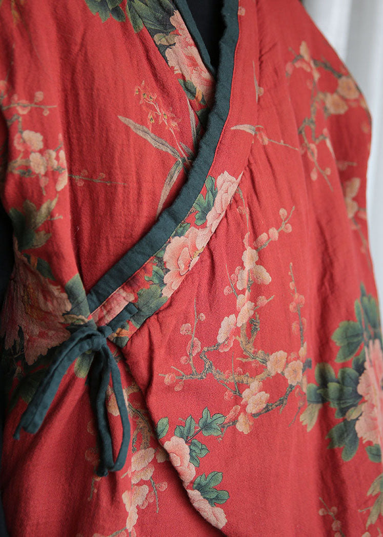 Red Print Tie Waist Fine Cotton Filled Vests Winter