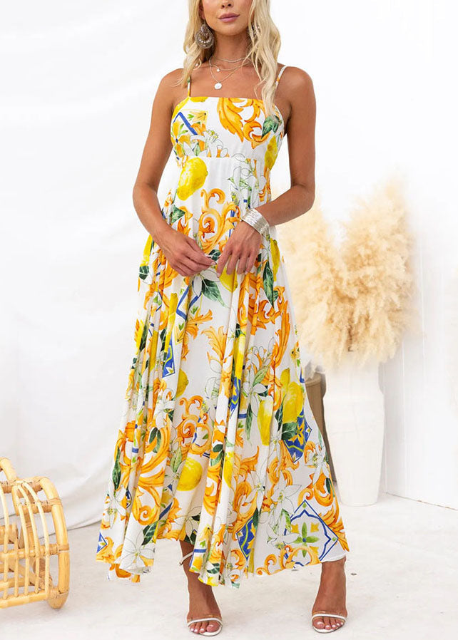 Stylish Yellow Print Lace Up Spaghetti Strap Dress Sleeveless