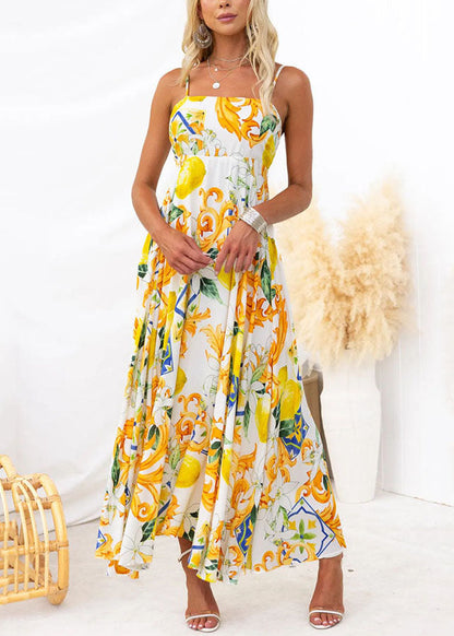Stylish Yellow Print Lace Up Spaghetti Strap Dress Sleeveless