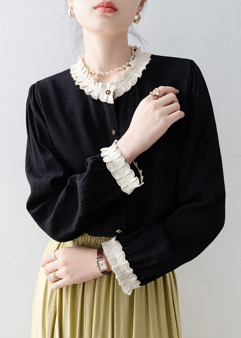 Black Oversized Patchwork Lace Blouses Spring