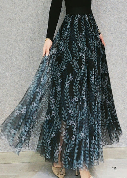 Dull Green Print Elastic Waist Tulle Maxi Skirts Spring