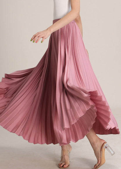 Pink High Waist Silk Pleated Skirt Zippered