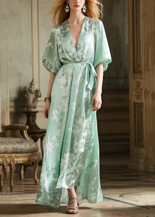 Light Green Tie Waist Print Silk Long Dress Summer