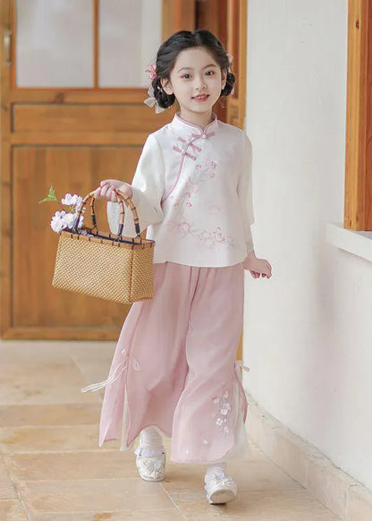 Chinese Style Pink Stand Collar Print Shirts and Maxi Skirts Two Pieces Set Spring