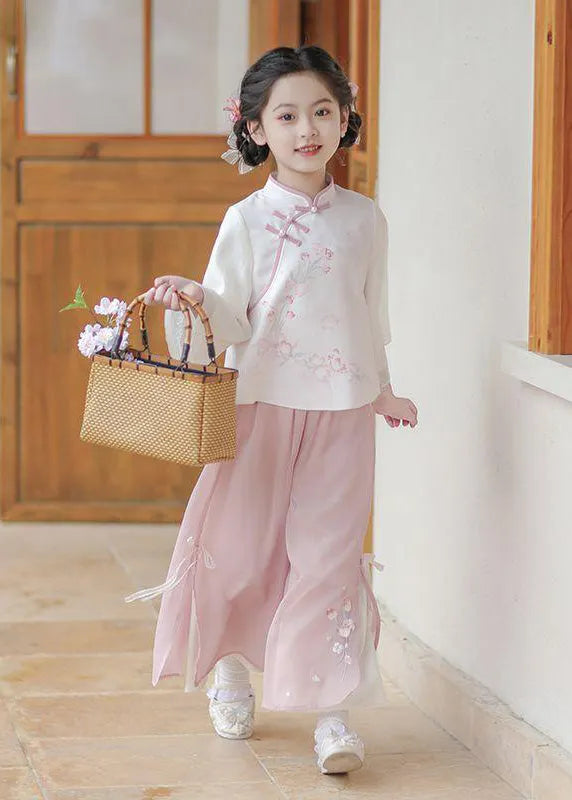 Chinese Style Pink Stand Collar Print Shirts and Maxi Skirts Two Pieces Set Spring