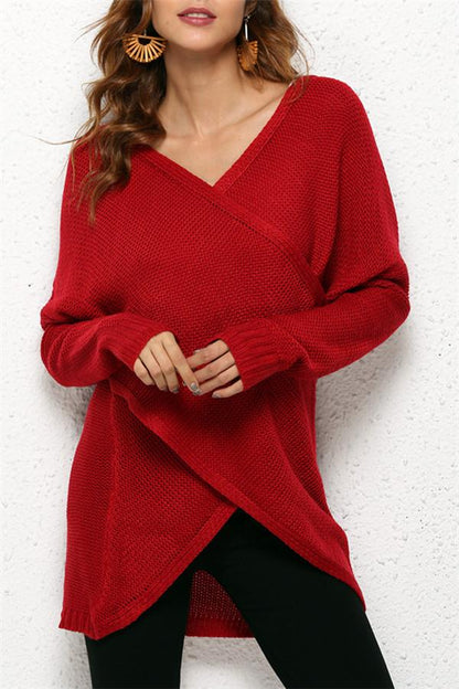 V Neck Front Cross Weekend Sweater - Red