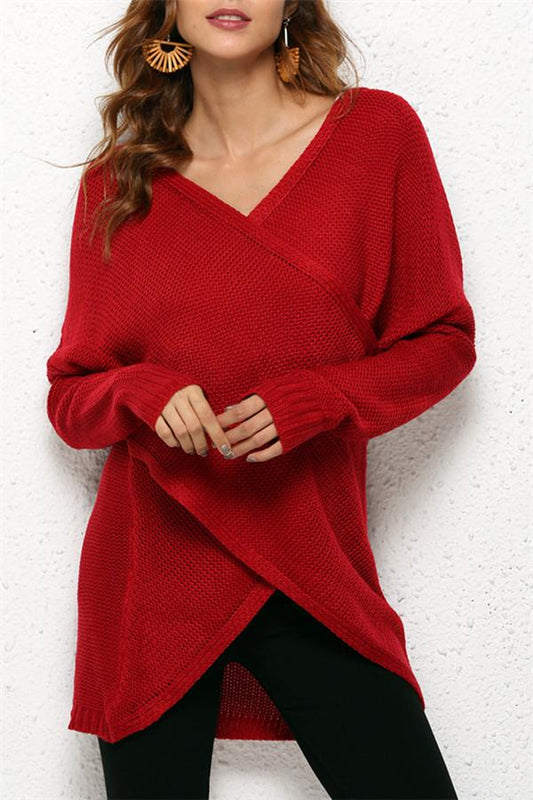 V Neck Front Cross Weekend Sweater - Red