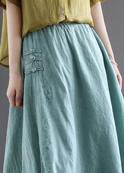 Green Exra Large Hem Linen a Line Skirt Chinese Button Spring