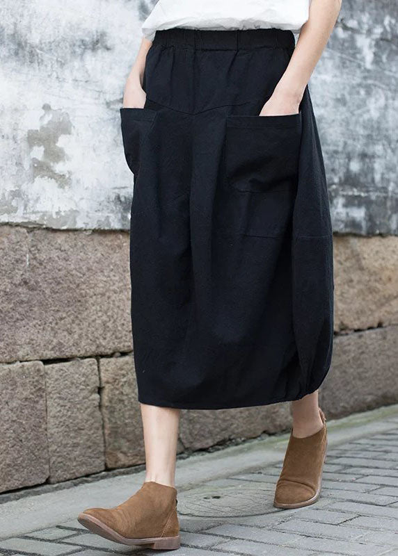 Modern Black Elastic Waist Patchwork Linen a Line Skirt Fall