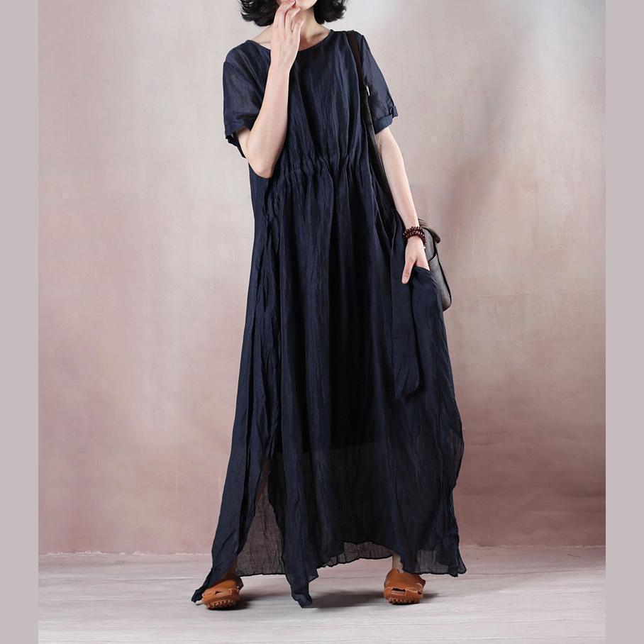 Boutique Blue Silk Linen Dresses O Neck Baggy Dresses Tie Waist Caftans Short Sleeve a Line Skirts
