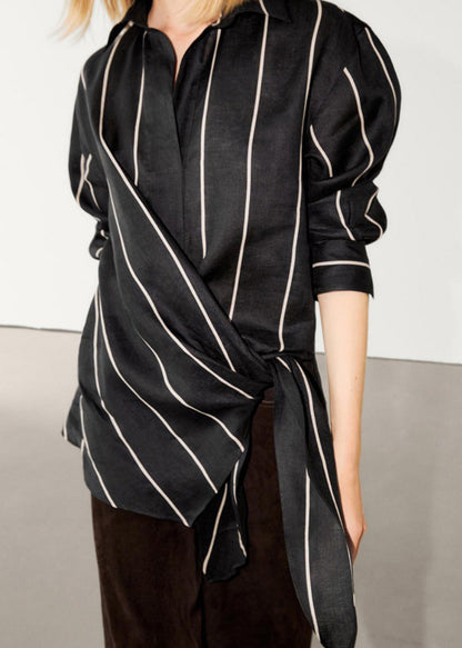 Black Peter Pan Collar Striped Lace Up Linen Tops Fall