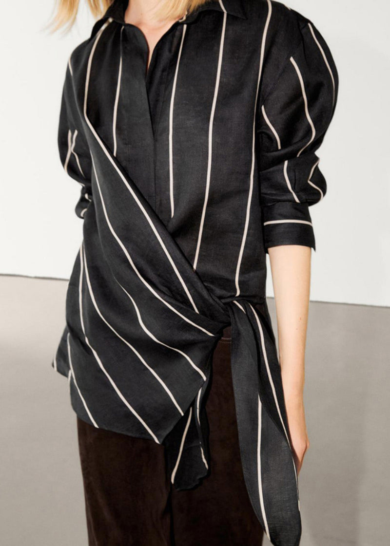 Black Peter Pan Collar Striped Lace Up Linen Tops Fall