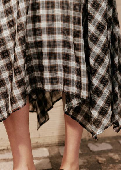 Natural Coffee Plaid Asymmetrical High Waist Silk Cotton a Line Skirts Summer