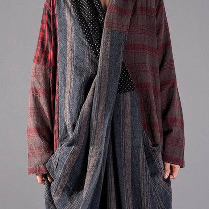 New Red Plaid Oversize V Neck Patchwork Linen Clothing Dress Pockets Asymmetrical Design Caftans