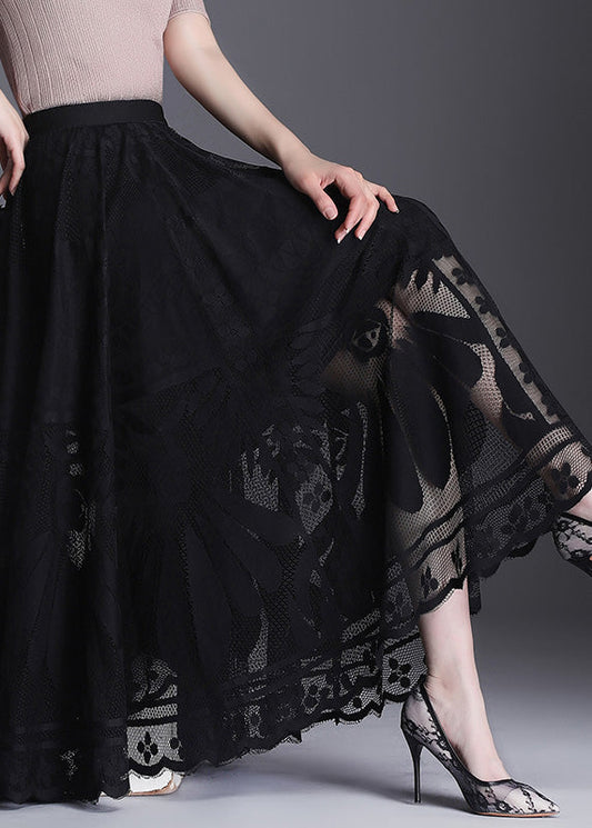 Black High Waist Lace Patchwork Hollow Out Tulle Maxi Skirt Spring