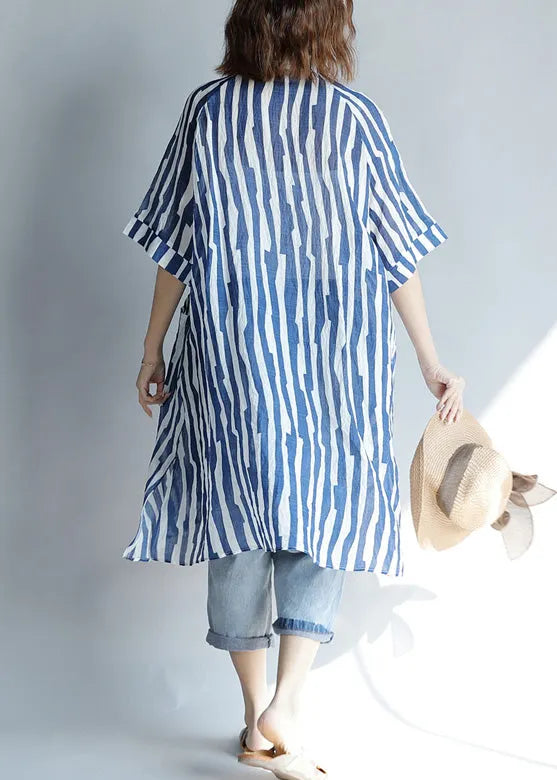 Diy Lapel Pockets Cotton Tunic Fitted Sleeve Blue Striped a Line Dresses Summer