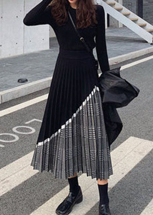 Black Patchwork Plaid Knit Skirts Winter