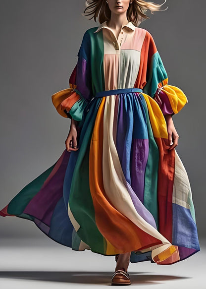Colorblock Peter Pan Collar Patchwork Cotton Dress Lantern Sleeve