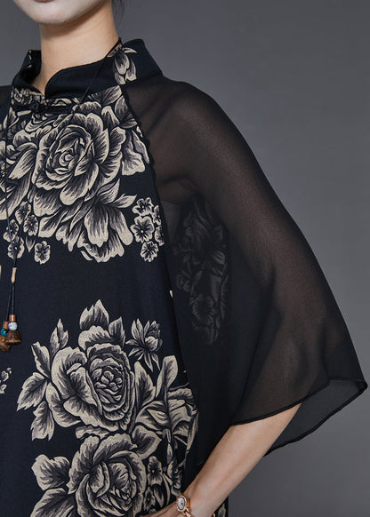 Black Mandarin Collar Patchwork Print Chiffon Long Dresses Summer