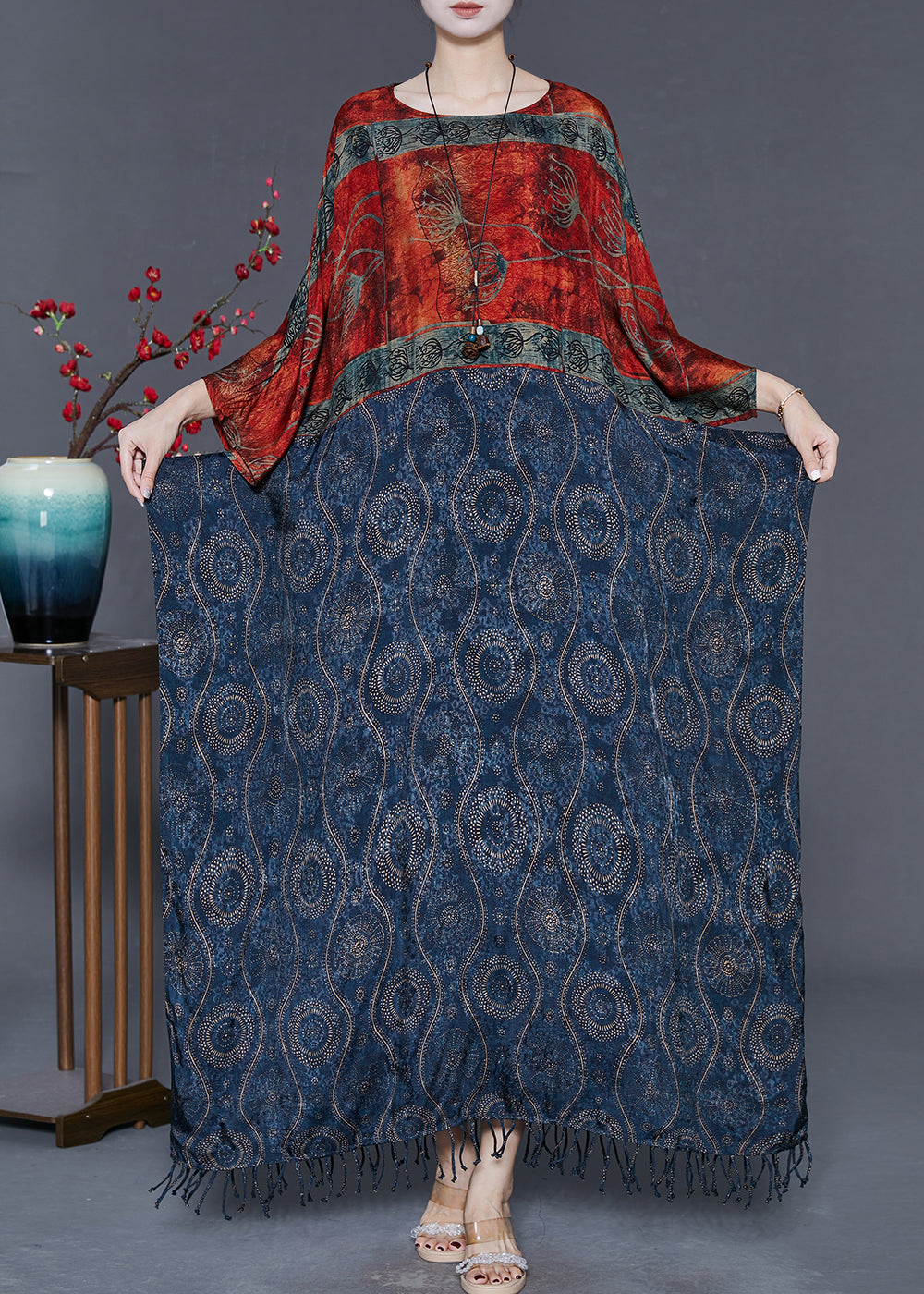 Colorblock Tasseled Patchwork Chiffon Ankle Dress Summer