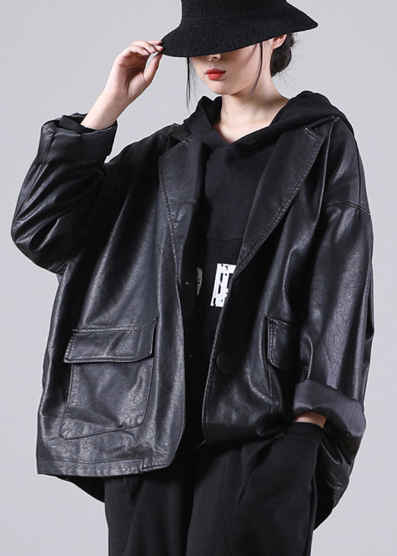 Unique Black Notched Pockets Button Fall Long Pu Sleeve Coat