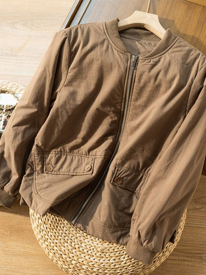 100% Natural Fabric Zipper Round Neck Long Sleeve Coat