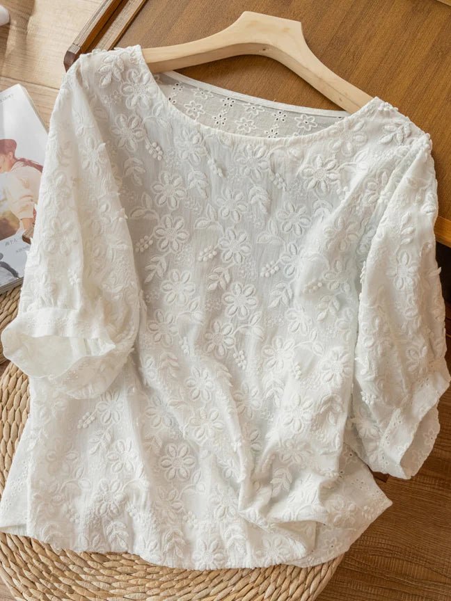 Embroidered Round Neck Half Sleeve Linen Tee Top