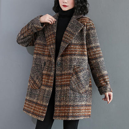 Organic Notched Pockets Tunic Pattern Blue Plaid Dresses Jackets