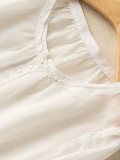 Pure Color Crew Neck Long Sleeve Linen Top