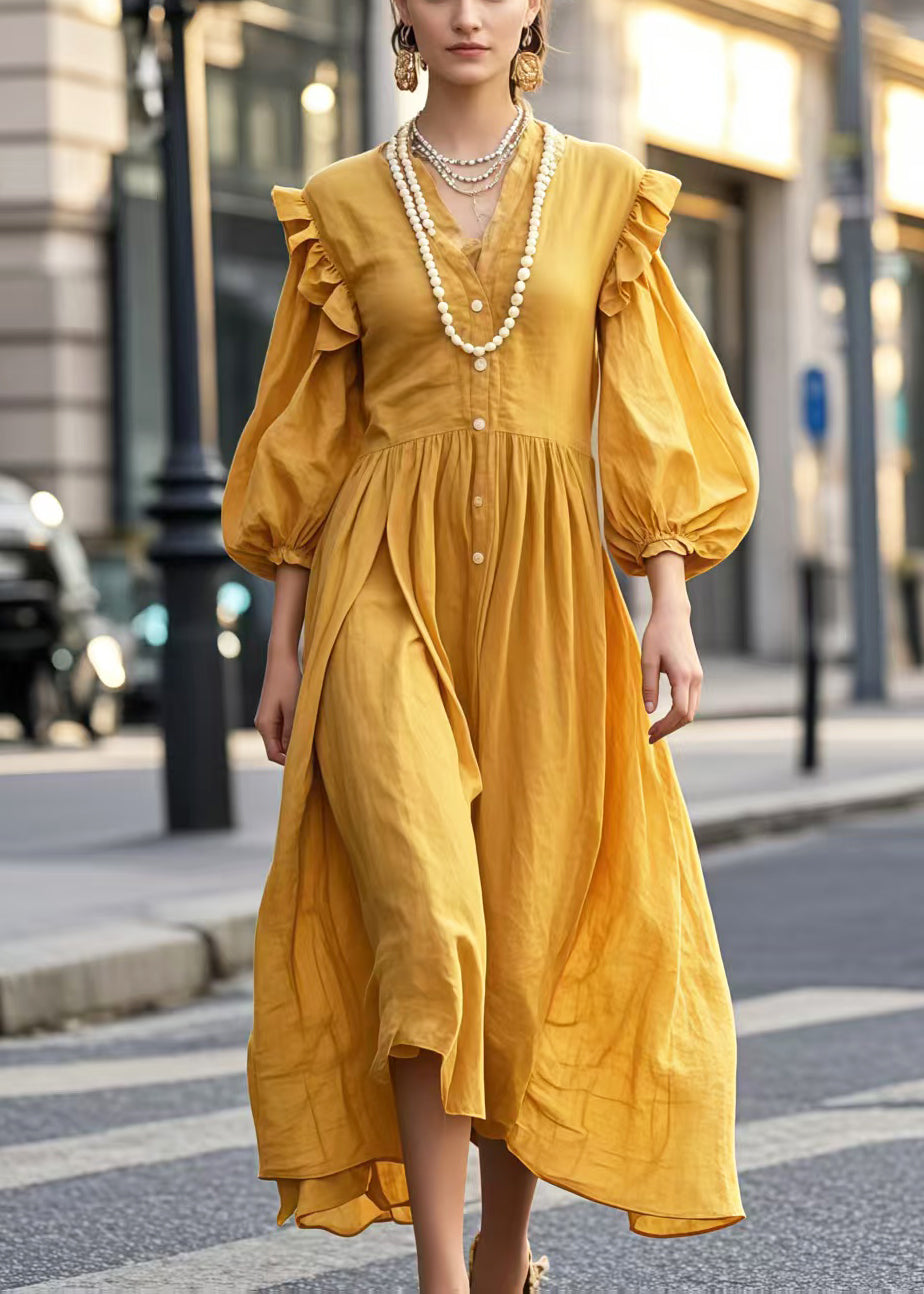 Yellow V Neck Cotton Holiday Dress Lantern Sleeve