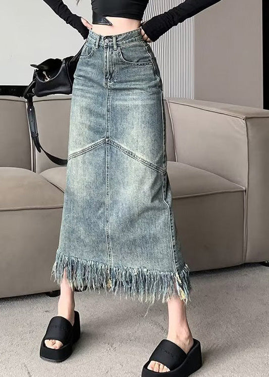 Blue Patchwork Tassel Denim Maxi Skirts Summer