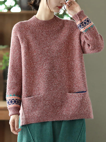 - Turtleneck Knitted Split Hem Long Sleeve Sweater