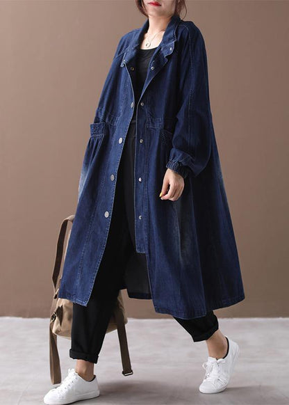 Denim Blue Fine Tunic Pattern Sewing Stand Collar Cinched Jackets