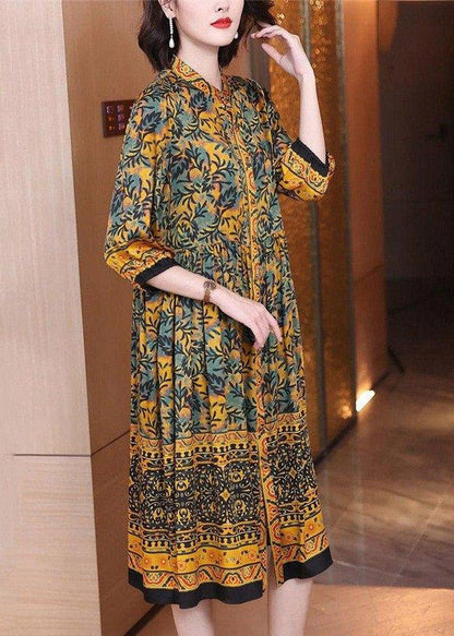 Handmade O-neck Print Button Wrinkled Silk Maxi Dresses Long Sleeve