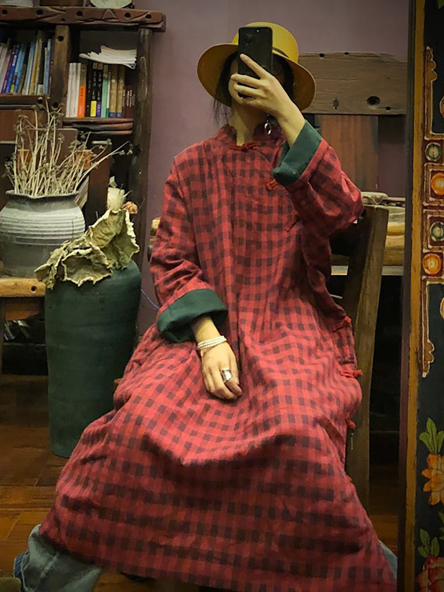 Stand Collar Button Cotton Robe Dress