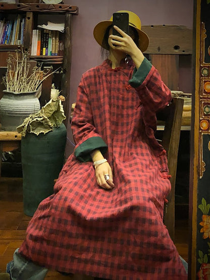 Stand Collar Button Cotton Robe Dress