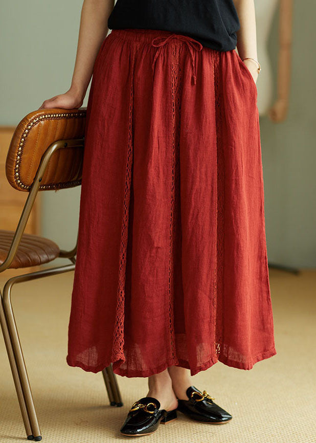 Simple Red Lace Patchwork Linen Skirt Spring
