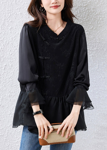 Black Chinese Button Patchwork Silk Shirt Tops Flare Sleeve