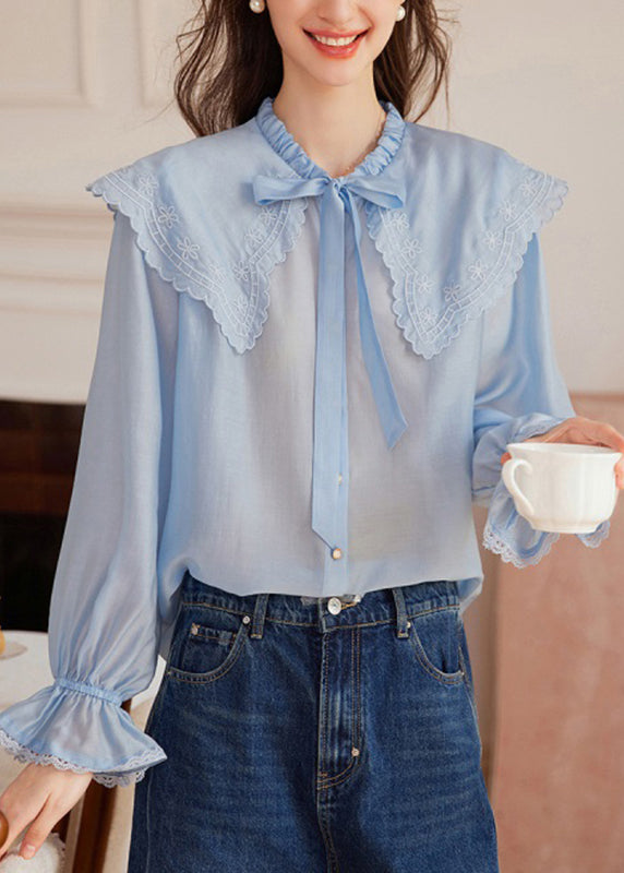 Blue Embroidered Tie Lace Tops Fall