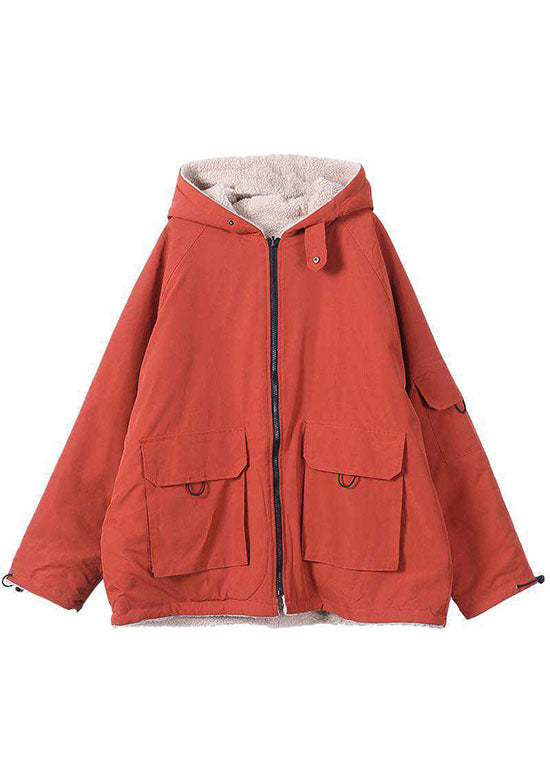 Orange Hooded Zippered Pockets Loose Winter Parkas Coat