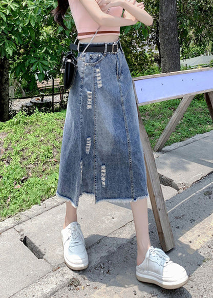 Modern Light Blue Patchwork Ripped a Line Denim Skirt