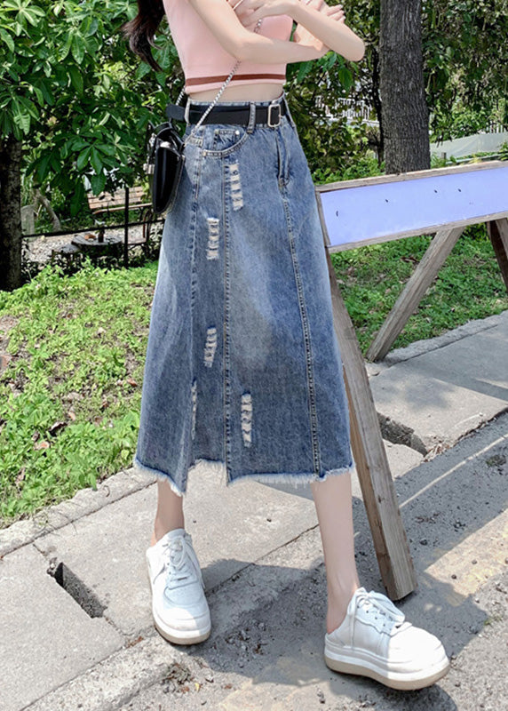 Modern Light Blue Patchwork Ripped a Line Denim Skirt