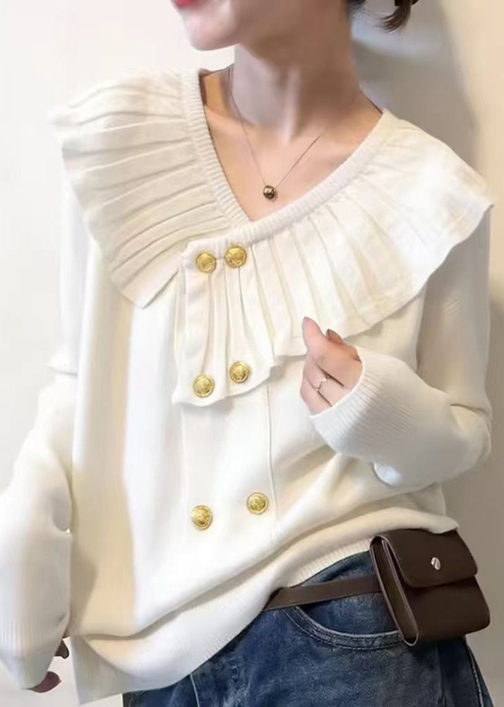 White V Neck Cotton Knit Sweater Spring