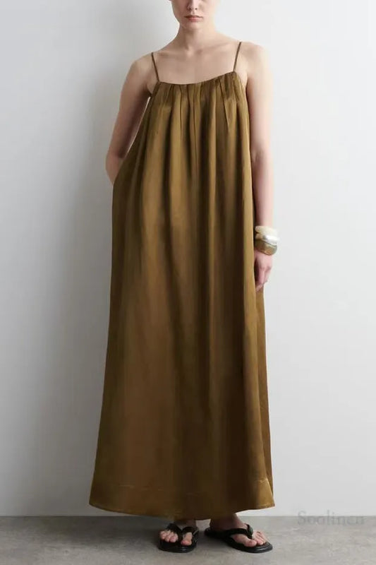 Boutique Brown Oversized Wrinkled Linen Spaghetti Strap Dress Summer