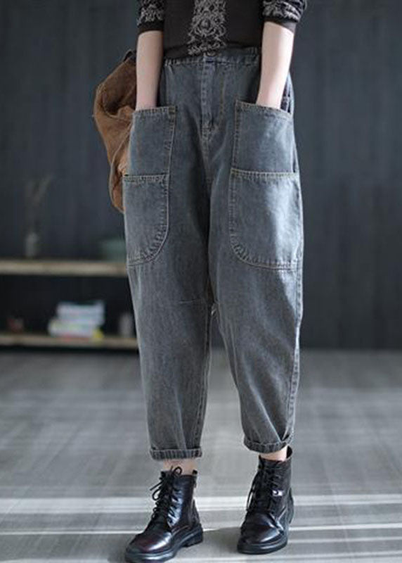 Grey High Waist Pockets Harem Fall Denim Pants