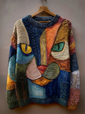 Vintage Cat Face Colorblock Patchwork Cozy Knit Sweater artswardrobe