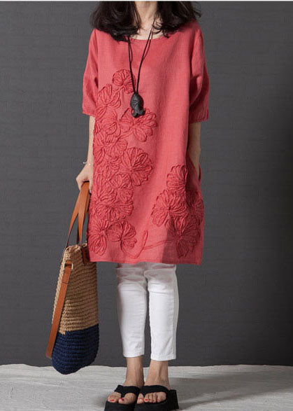 Diy Red Embroidered Linen Day Dress Half Sleeve